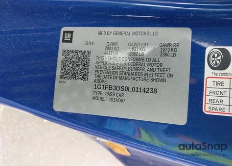 2020 Chevrolet Camaro Rwd 1Lt z USA, uszkodzony, nr VIN 1G1FB3DS0L0114238